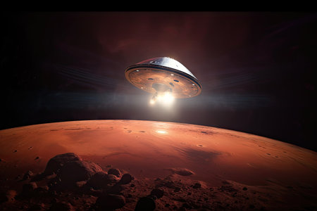 spacecraft, leaving red planet with speed of light, created with generative aiの素材
