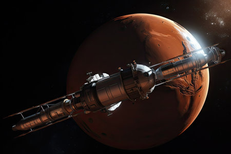 space station orbiting the red planet, with view of the rocky surface and distant stars, created with generative aiの素材