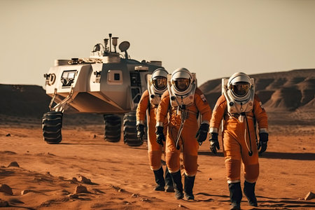 crew of interplanetary spacecraft, preparing for landing on red planet, created with generative aiの素材