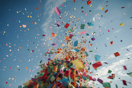 colorful confetti in motion, cascading down from the sky, created with generative aiの素材