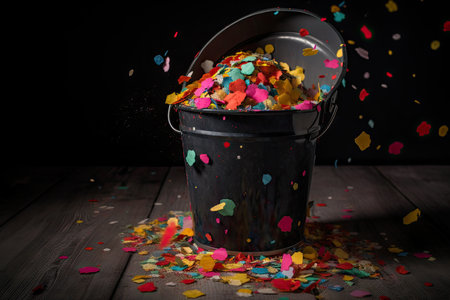 colorful confetti overflowing from a large bucket, ready for celebration, created with generative aiの素材
