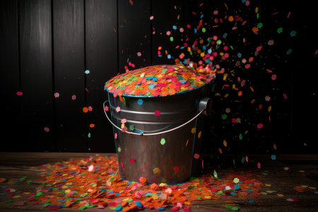 colorful confetti overflowing from a large bucket, ready for celebration, created with generative aiの素材