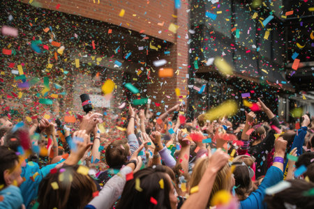colorful confetti raining down on a crowd of people, created with generative aiの素材