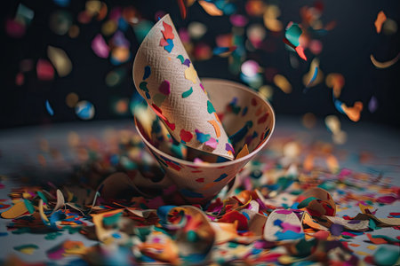 close-up of colorful confetti swirling around in a paper funnel, created with generative aiの素材