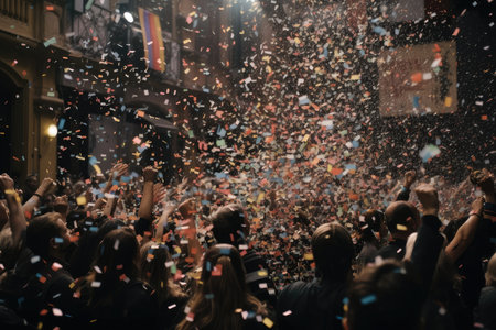 confetti raining down on a crowd of people, captured in slow motion, created with generative aiの素材