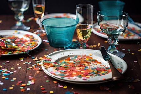 festive table setting, with colorful confetti scattered on the plates and glasses, created with generative aiの素材