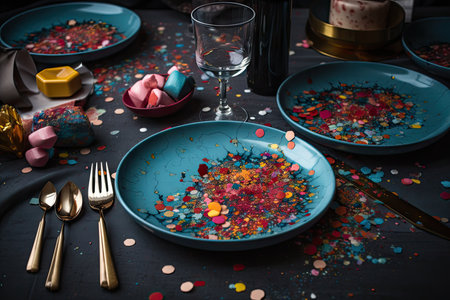 festive table setting, with colorful confetti scattered on the plates and glasses, created with generative aiの素材