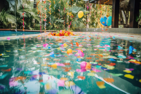 tropical pool party, with confetti and streamers floating on the water, created with generative aiの素材