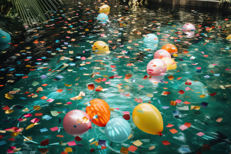 tropical pool party, with confetti and streamers floating on the water, created with generative aiの素材