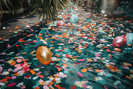 tropical pool party, with confetti and streamers floating on the water, created with generative aiの素材