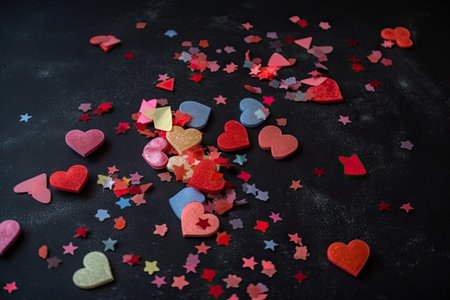 confetti in the shape of hearts, stars and other shapes to promote valentines day, created with generative aiの素材