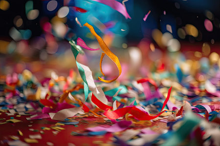 close-up of confetti swirling in the wind, with a colorful and festive background, created with generative aiの素材