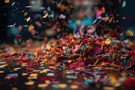 close-up of confetti swirling in the wind, with a colorful and festive background, created with generative aiの素材