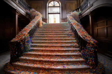 rainbow of colorful confetti cascading down a staircase, created with generative aiの素材