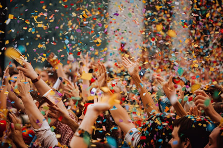 colorful confetti raining down on a happy crowd of people, created with generative aiの素材