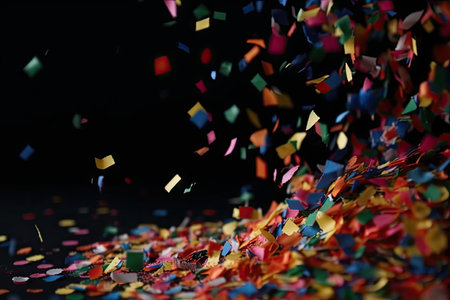 close-up of colorful confetti falling from the sky in slow motion, created with generative aiの素材