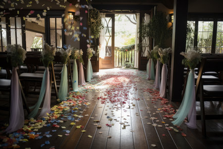 wedding scene, with confetti and streamers cascading down the aisle, created with generative aiの素材