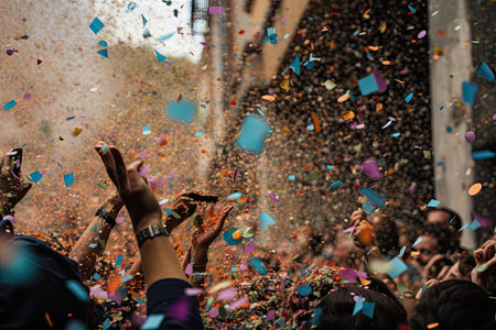 colorful confetti being thrown into the air by crowd of people, created with generative aiの素材