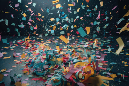 a confetti storm, with colorful paper flakes swirling in the air, created with generative aiの素材