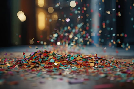 close-up of colorful confetti in motion, with blurred background, created with generative aiの素材