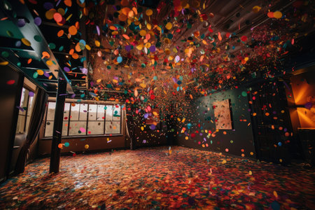 colorful confetti in air, floating down from the ceiling at a party, created with generative aiの素材