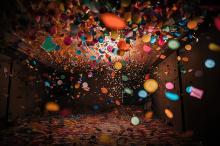 colorful confetti in air, floating down from the ceiling at a party, created with generative aiの素材