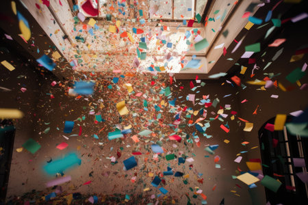 colorful confetti in air, floating down from the ceiling at a party, created with generative aiの素材