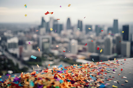 close-up of colorful confetti falling from the sky, with a view of the city in the background, created with generative aiの素材