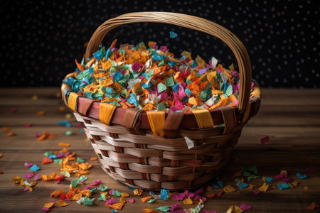 basket filled with colorful confetti, ready for a festive celebration, created with generative aiの素材