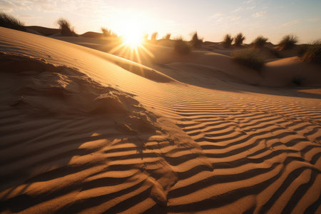 close-up of intricate desert sand dunes, with the sun rising or setting in the background, created with generative aiの素材