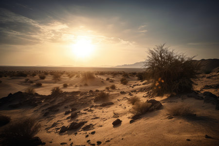 desert landscape with the sun peeking over the horizon, casting warm light on the barren terrain, created with generative aiの素材