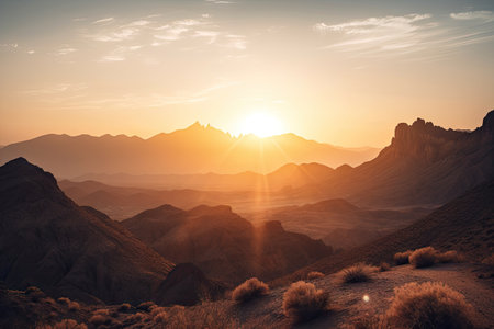 majestic mountain range, with sunrise and sunset behind, surrounded by desert landscape, created with generative aiの素材