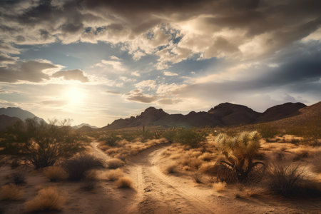 desert landscape with suns rays piercing through the clouds and illuminating the sky, created with generative aiの素材