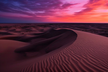 majestic sand dunes with red sky and purple sunset, created with generative aiの素材