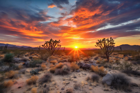 once-in-a-lifetime sunrise or sunset, with vibrant colors and dramatic clouds, over desert landscape, created with generative aiの素材