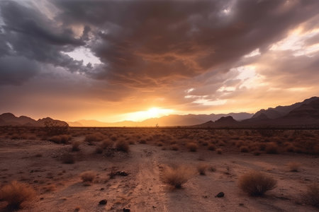 panoramic sunrise over desert landscape, with dramatic clouds and sky, created with generative aiの素材