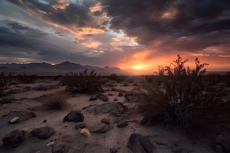 sunrise over the desert with clouds and sky in dramatic colors, created with generative aiの素材