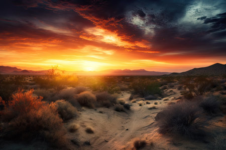 sunrise over the desert with clouds and sky in dramatic colors, created with generative aiの素材