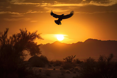 flying bird, silhouetted against the golden sunrise sky, in desert landscape, created with generative aiの素材