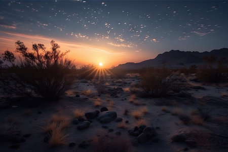 dawn brings a new day in the desert, with colors of sunrise and shining stars, created with generative aiの素材