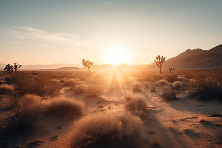 sunrise over desert landscape, with the sun peeking over the horizon, created with generative aiの素材