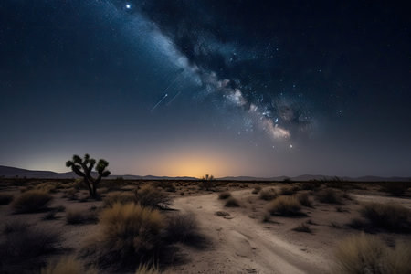 big sky with stars and moon above the desert landscape at night, created with generative aiの素材