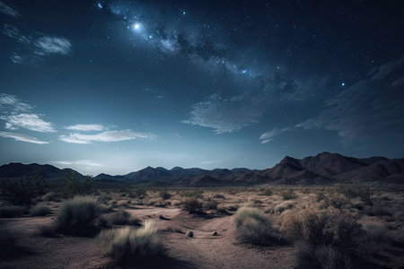 big sky with stars and moon above the desert landscape at night, created with generative aiの素材