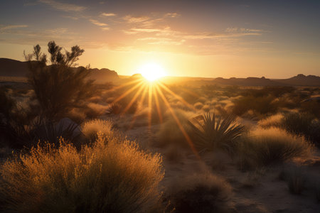 desert sunrise, with the sun peeking over the horizon and casting warm light on the landscape, created with generative aiの素材