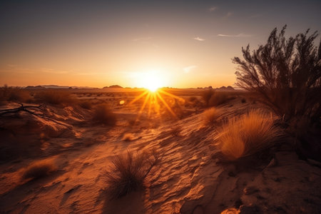desert sunrise, with the sun peeking over the horizon and casting warm light on the landscape, created with generative aiの素材