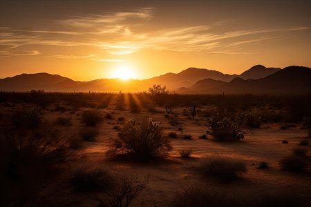 sunset over the desert, with a silhouette of cacti and mountains in the background, created with generative aiの素材