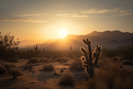 sunset over the desert, with a silhouette of cacti and mountains in the background, created with generative aiの素材