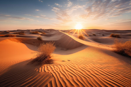 majestic sunrise over desert landscape with towering sand dunes and crystal-clear skies, created with generative aiの素材
