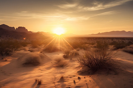 desert landscape with the sun rising over the horizon, casting warm light on distant mountains, created with generative aiの素材
