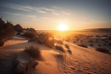 desert sunrise, with the sun peeking over the horizon, illuminating the sand dunes and rocks, created with generative aiの素材